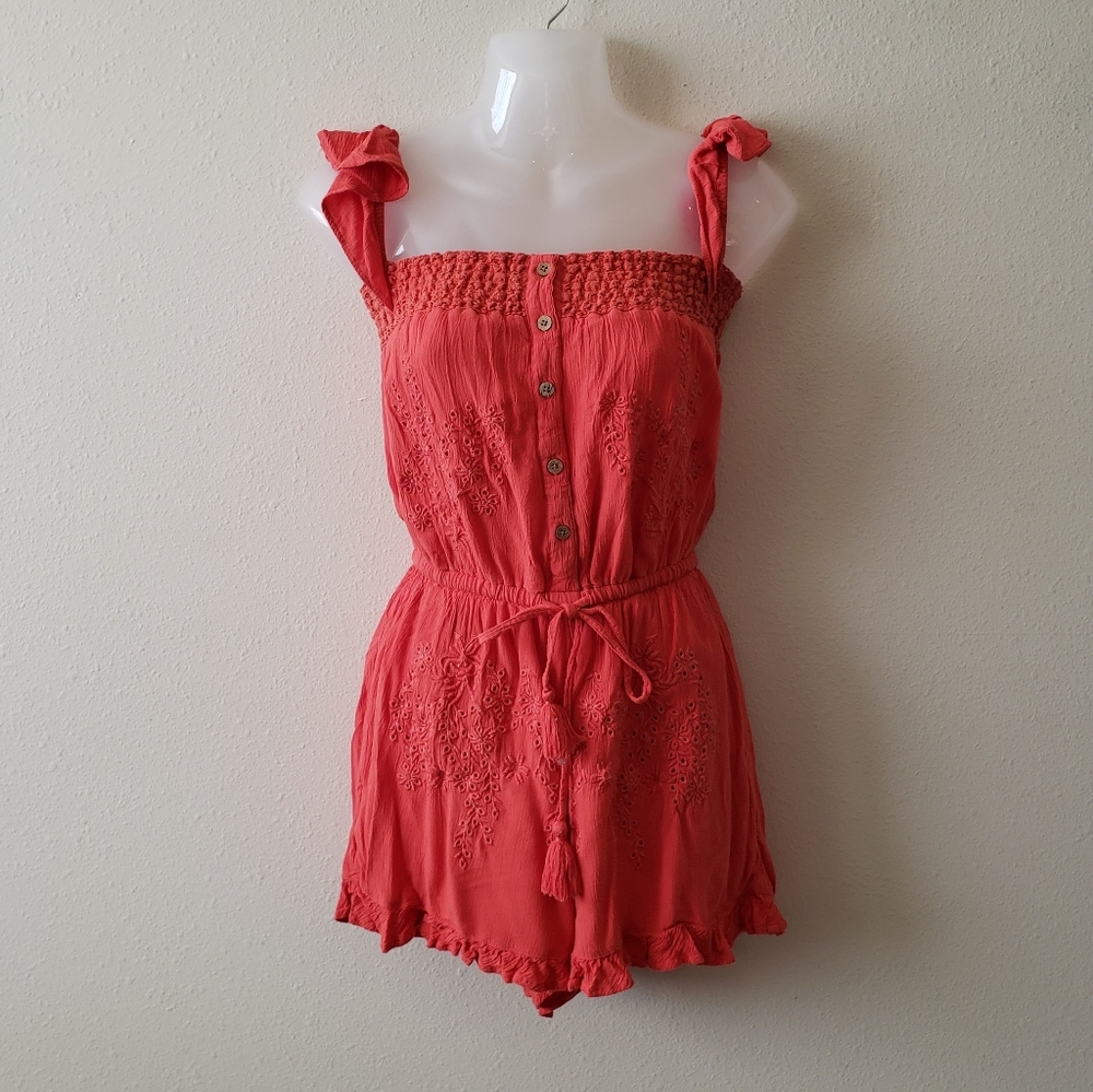 American Eagle Smocked Romper Floral Eyelet Tassel Drawstring Waist Size XS